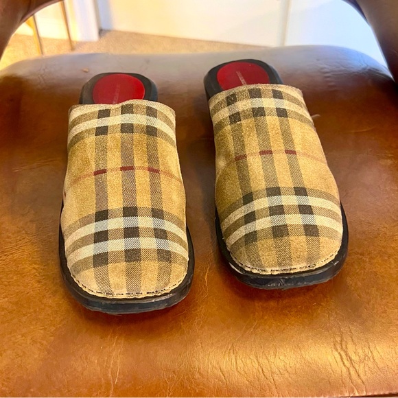 Burberry Vintage Suede Canvas Plaid Wooden Clogs Women’s EU 40 | US 9.5-10 - Picture 1 of 6
